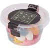 Transparant Biodegradable bakje met los deksel, gevuld met 65 gr. chococarletties of jelly beans