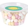 Transparant Biodegradable bakje met los deksel, gevuld met 65 gr. DutchDex Dextrose mints, fruit bolletjes of fruit hartjes